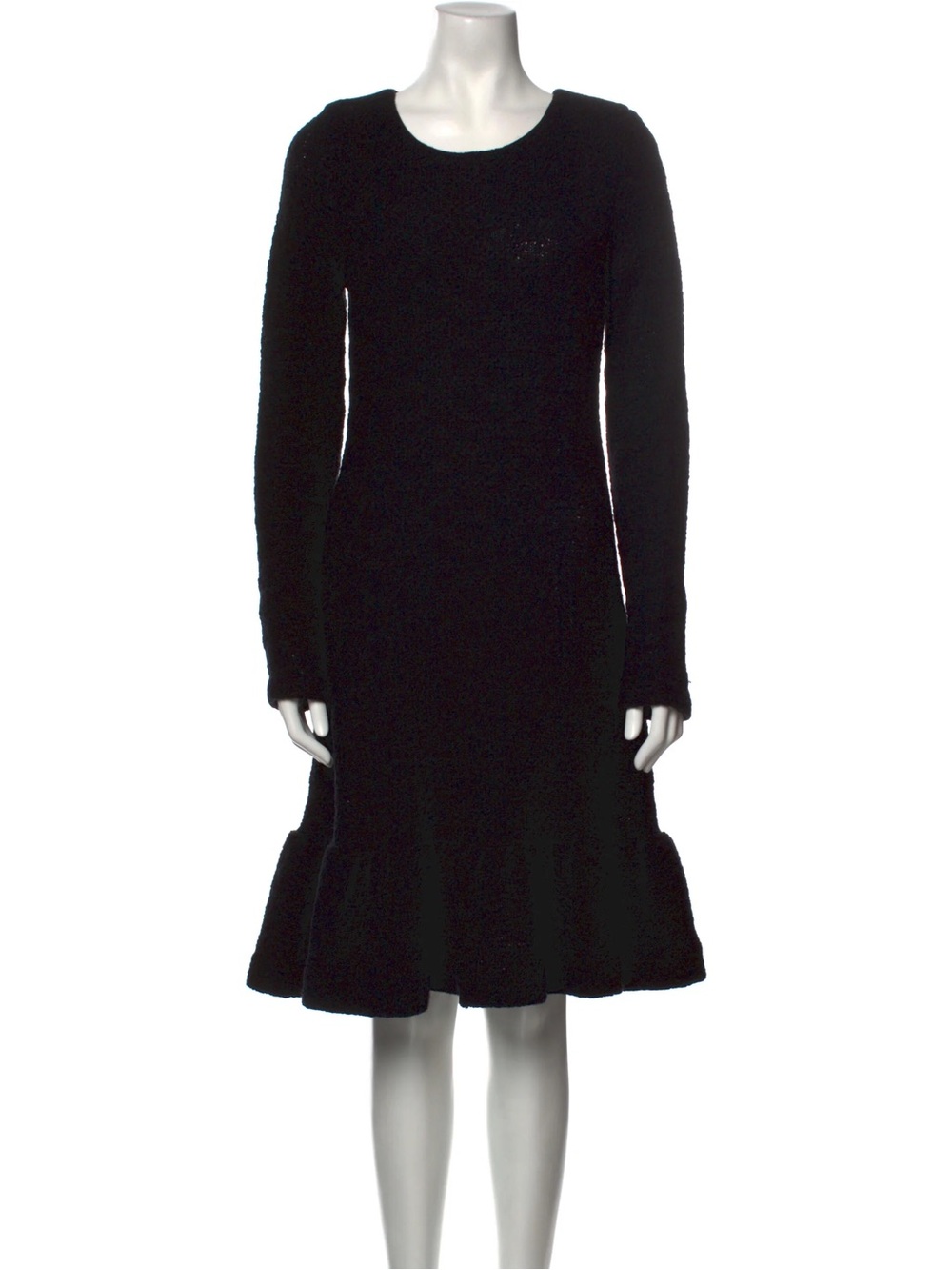 Tibi Lambswool Black Long-Sleeve Ruffle-Hem Midi Dress
